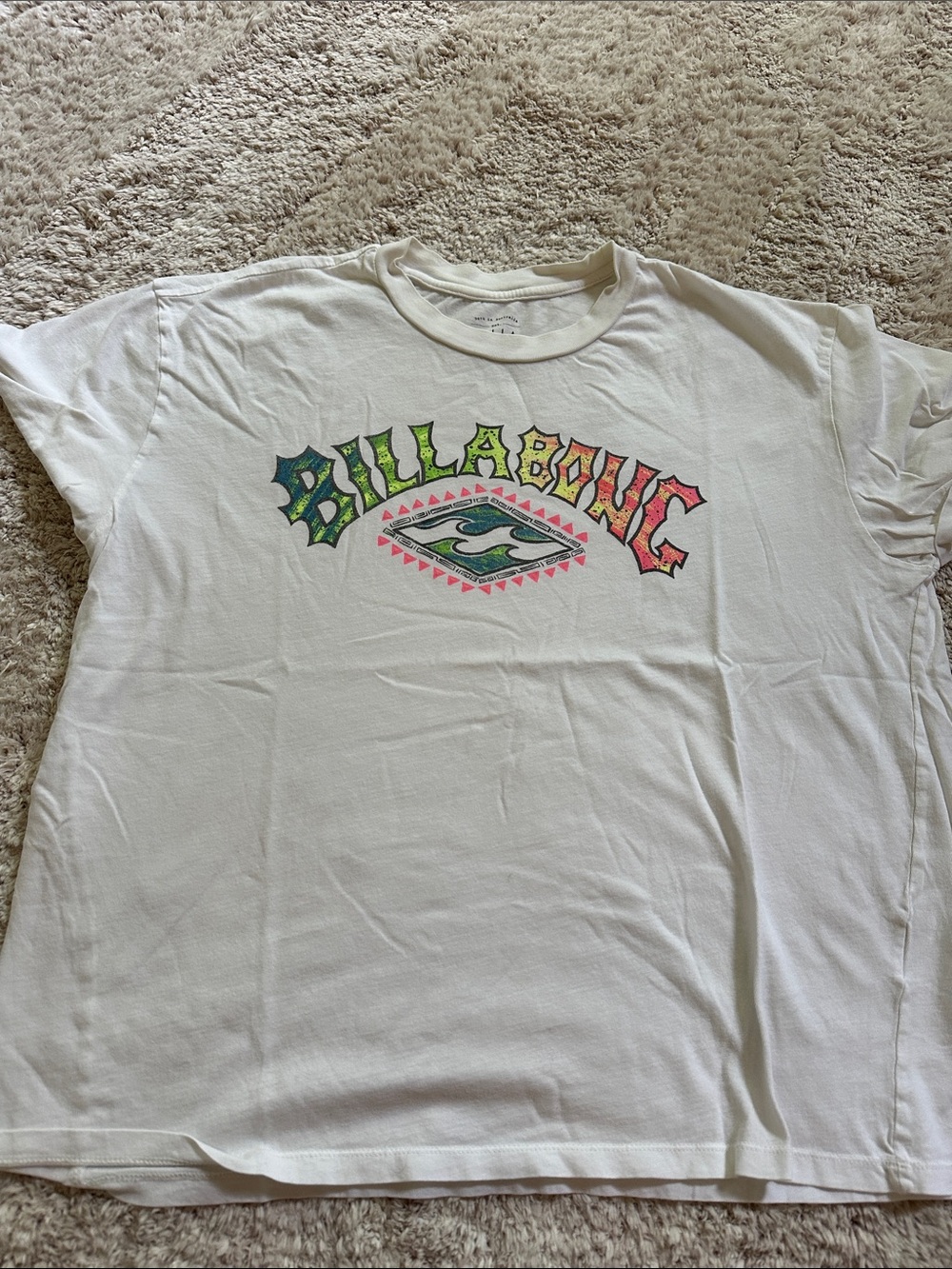 Billabong White Tee with Neon Green, Yellow & Pink Logo
